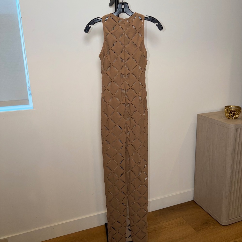 NWT Fashion Nova Twice Cut Out Maxi Dress Tan Cut Geometric Sleeveless Small - Picture 3 of 7
